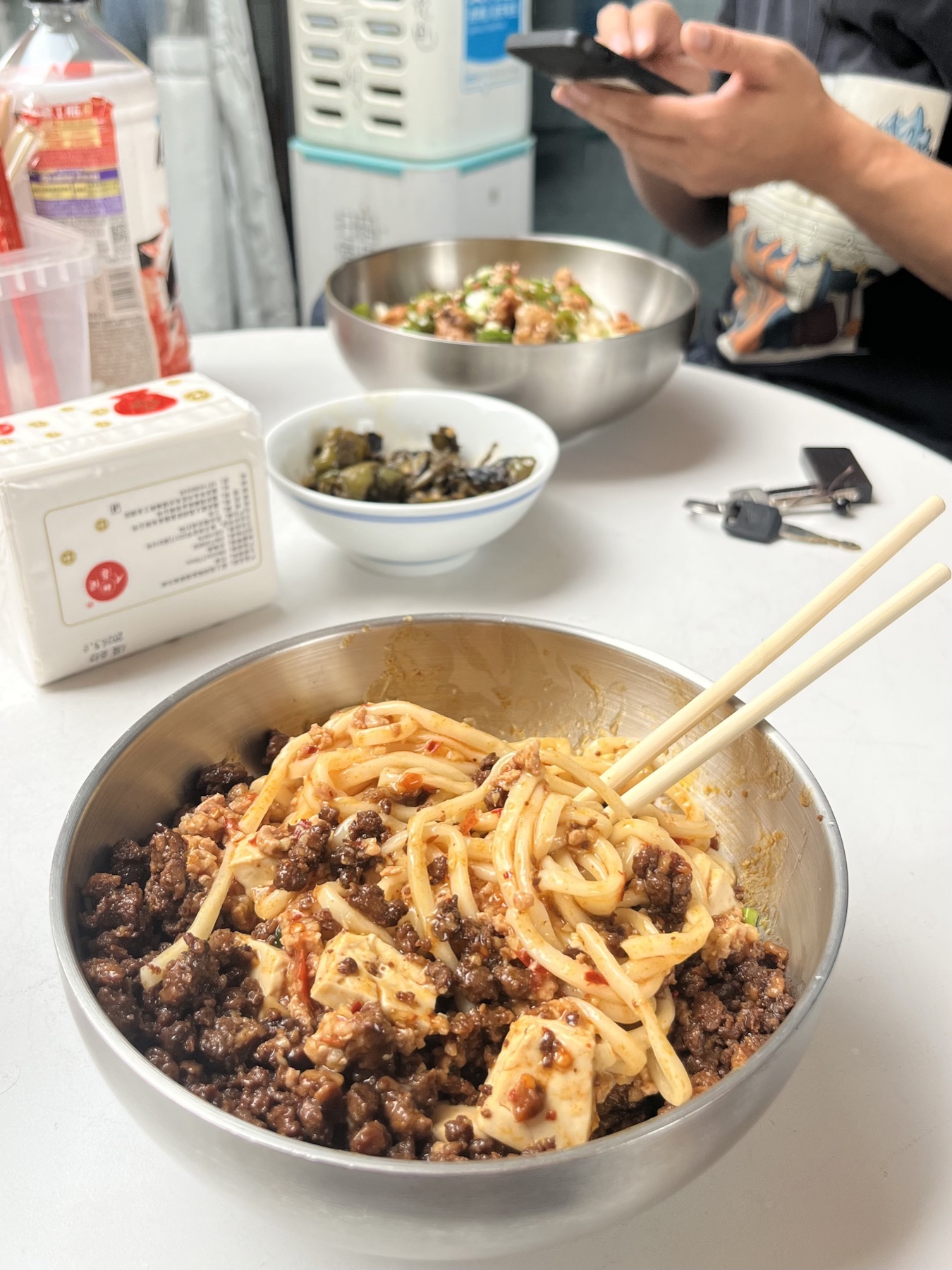 Dry-Mixed Zhajiang Noodles with minced pork, tofu and chili oil