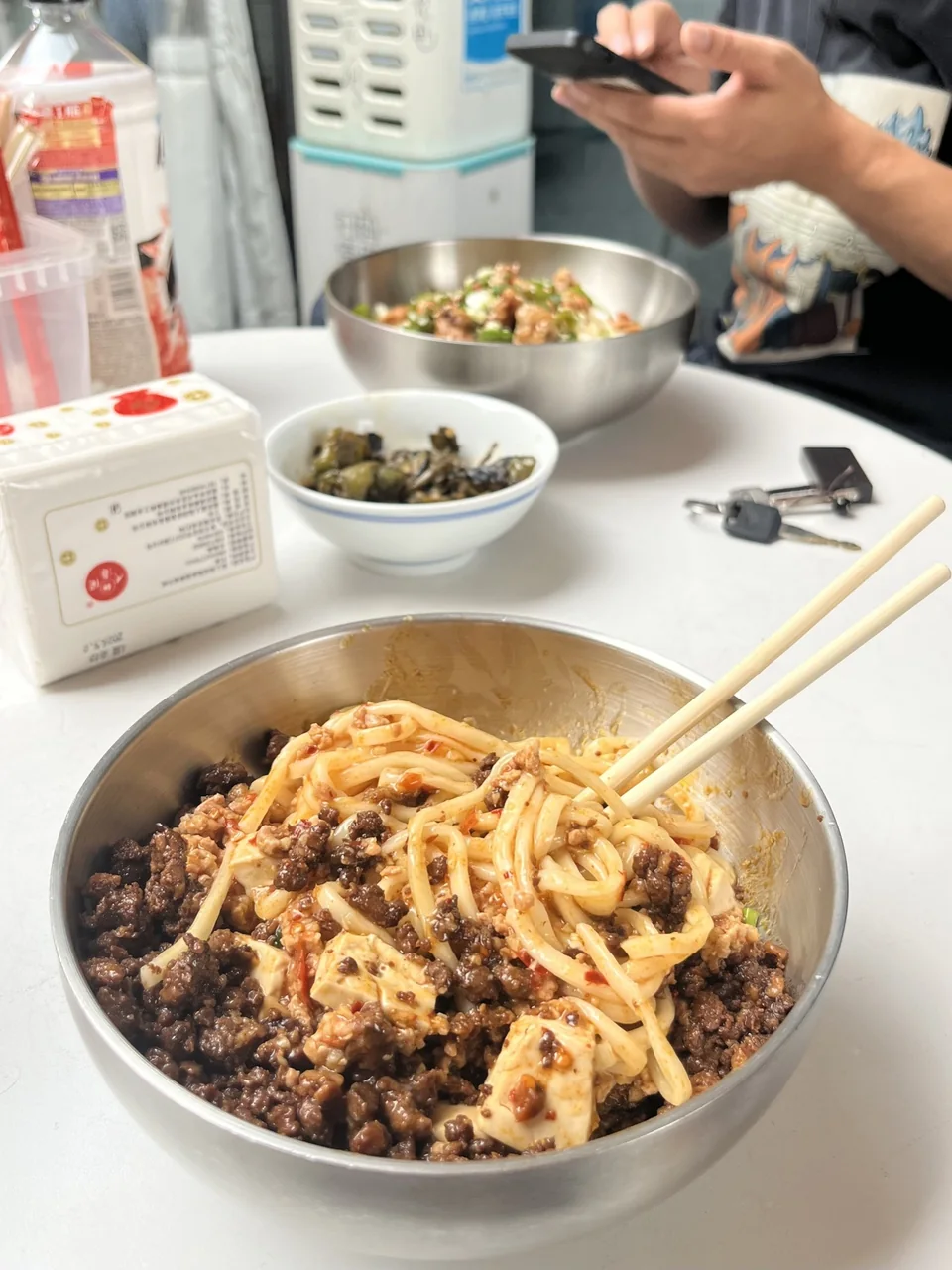 Dry-Mixed Zhajiang Noodles with minced pork, tofu and chili oil