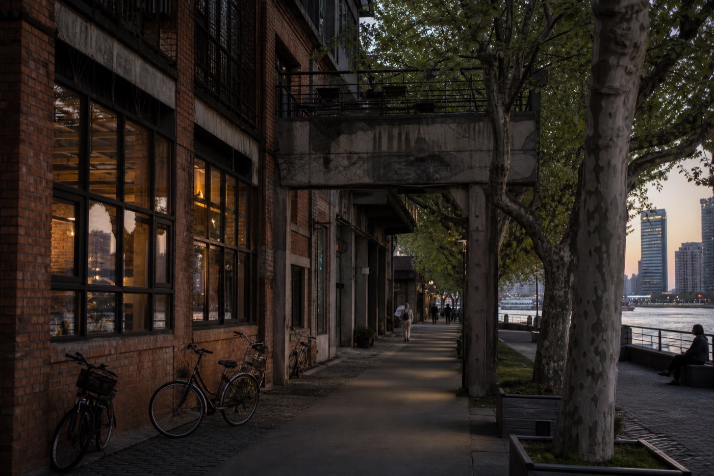 A quiet brick riverside walkway in Shanghai